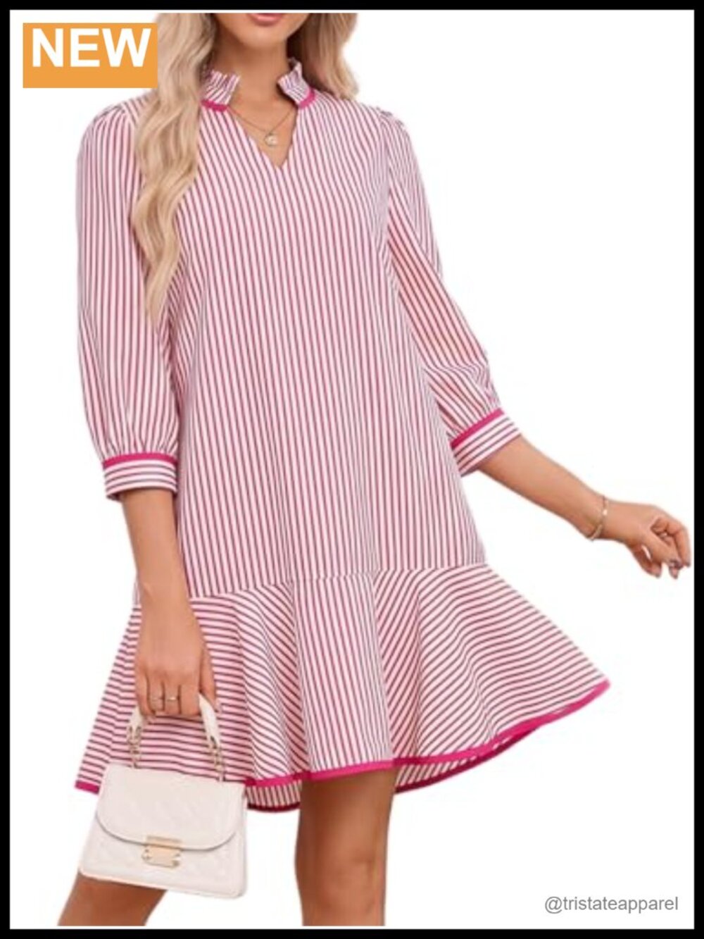 LifeShe Women's Striped 3/4 Sleeve V-Neck Ruffle Collar Tiered Mini Dress with